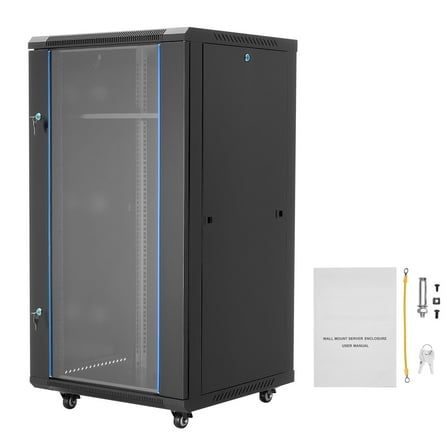 KFFKFF 22U Wall-Mount Network Cabinet, 23.6-Inch Depth, 300 lbs Load Capacity, Server Rack Enclosure with Lockable Glass Door and Removable Side Panels for IT and A/V Equipment