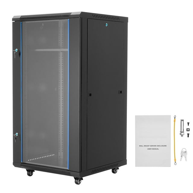 KFFKFF 22U Network Cabinet Wall Mount, 23.6 in Depth, 300 lbs Max Load Capacity Server Cabinet Rack Enclosure with Locking Tempered Glass Door, Side Panels, Server Rack