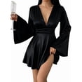 thumbnail image 3 of Women'S Deep V Neck Long Sleeve Mini Satin Silk Dress Elegant Flowy Wedding Guest Party Short Dresses Black XS, 3 of 9