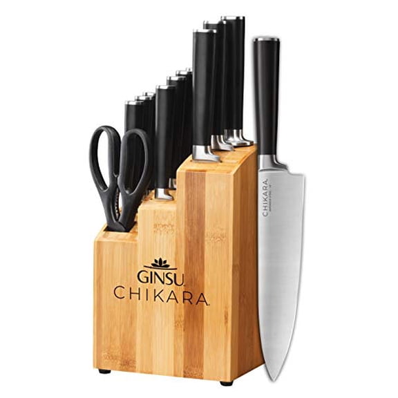 Ginsu Gourmet Chikara Series Forged 12-Piece Japanese Steel Knife Set - Cutlery Set with 420J Stainless Steel Kitchen Knives - Bamboo Finish Block,