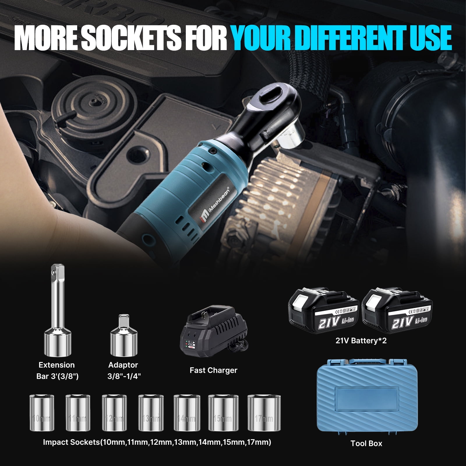 iMeshbean 21V Electric Cordless Ratchet Wrench 3/8" Right Angle Wrench Impact Power Tool 2 Battery