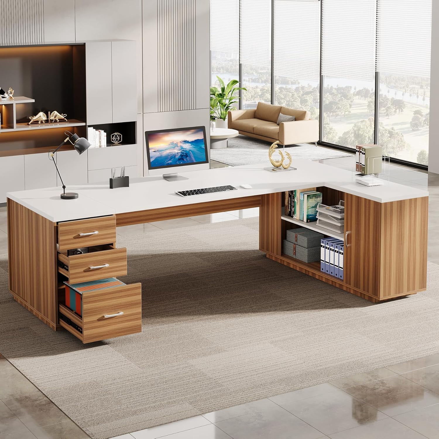 Tribesigns 85.8-Inch L-Shaped Executive Desk, Extra Large Modern Office Desk with File Drawers, Door Cabinet & Shelves, White & Brown