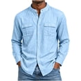 thumbnail image 2 of BVnarty Men’s Long Sleeve Mandarin Collar Dual Pocket Roll Tab Woven Shirt for Cool Season Casual Workwear Light Blue L, 2 of 6