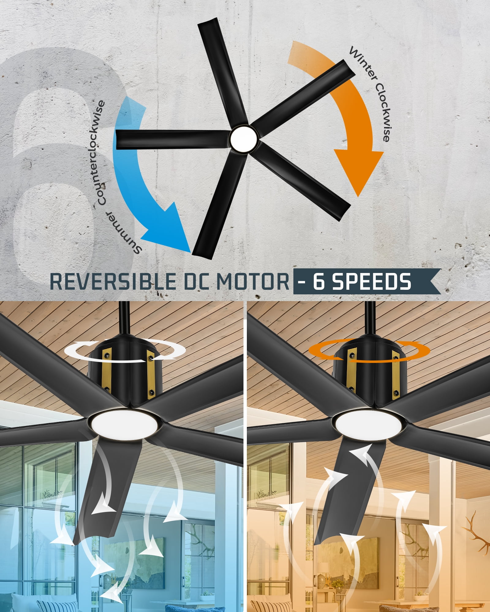 Ltmate 60 Inch Ceiling Fans with Lights and Remote, Black Ceiling Fans with Alexa Google Voice Control, 3 Color Temperatures and Quiet Reversible DC Motor