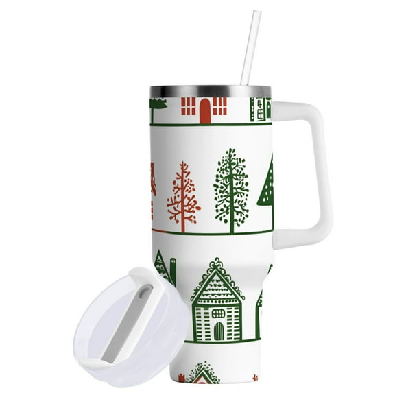 Yayeee 30oz Double-Wall Insulated Stainless Steel Tumbler with Handle Bottle, White Christmas House