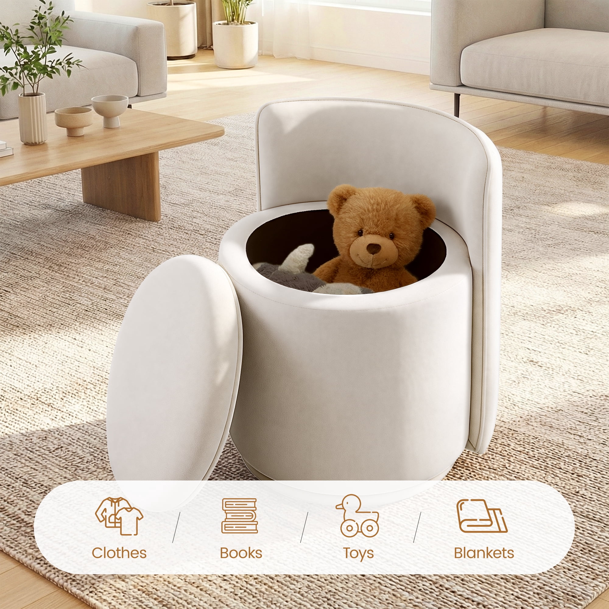 COOLHUT Vanity Chair, Upholstered Vanity Stool with Storage, Velvet Swivel Accent Chair, No Assembly Small Accent Stool, Makeup Chair for Bedroom, Living Room and Dressing Area, White