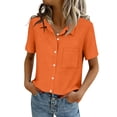 thumbnail image 2 of Solid Button Down Shirts for Women Short Sleeve Bust Pocket V Neck Collared Shirts Summer Business Casual Work Tops, Orange L, 2 of 7