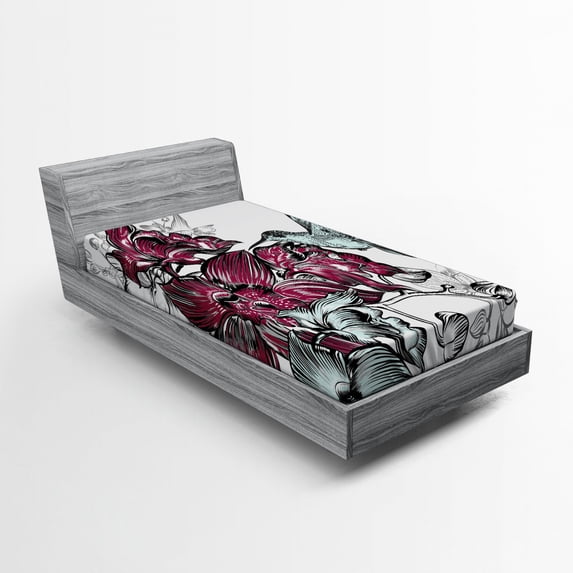 Ambesonne Nature Fitted Sheet, Orchids and Hummingbird, Twin XL Size, Burgundy