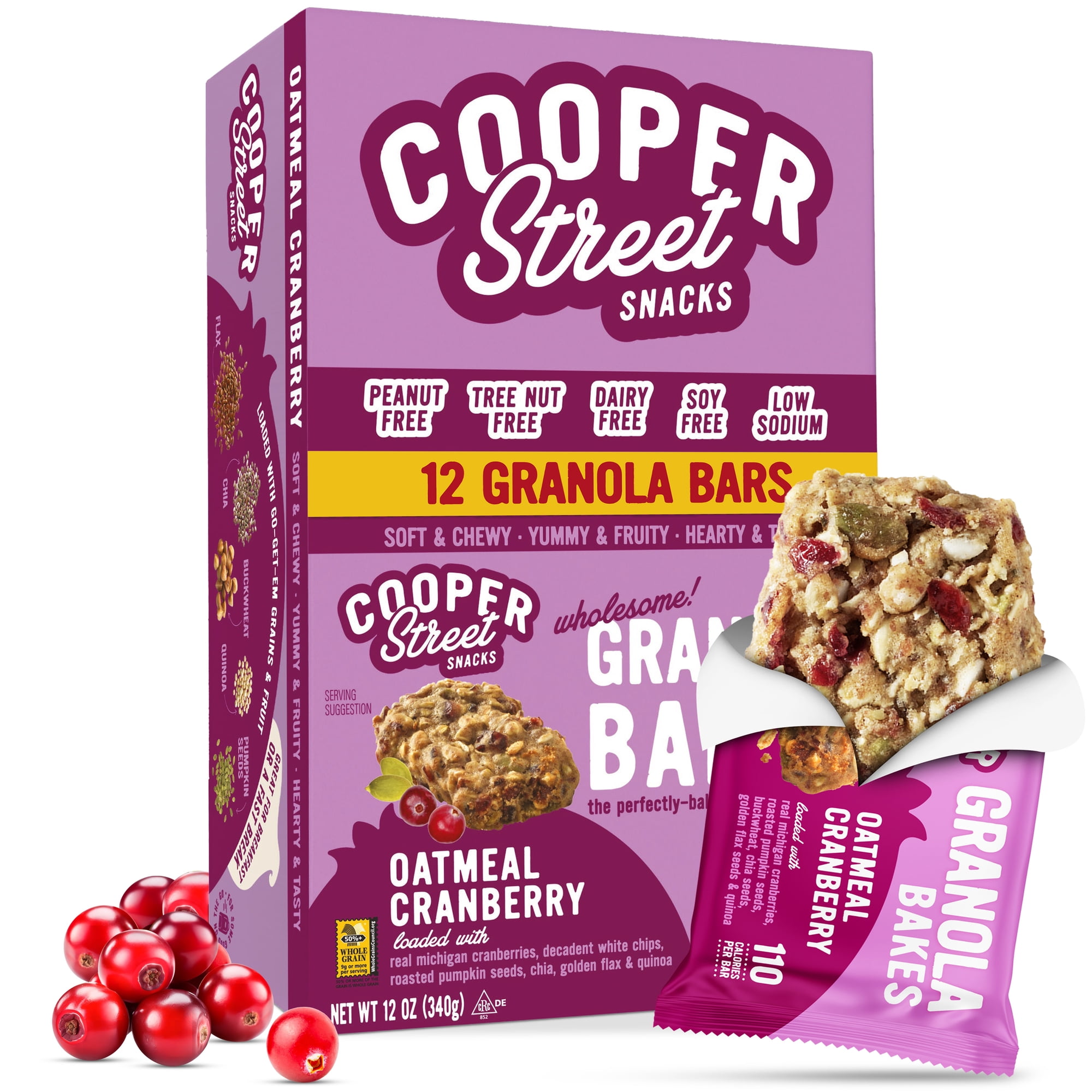 Cooper Street Individually Wrapped Oatmeal Cranberry Breakfast Granola Bars - Nut, Dairy & Soy Free, Low Sodium, Only 100 Cal - 12 Bars
