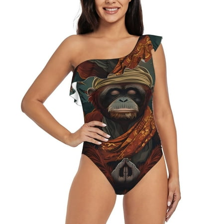 Tideii Banana Leaf Meditating Gorilla for One shoulder Ruffled Swimsuit  One Piece Tummy Control Swimsuit Summer Swimwear for Adult Women-Small