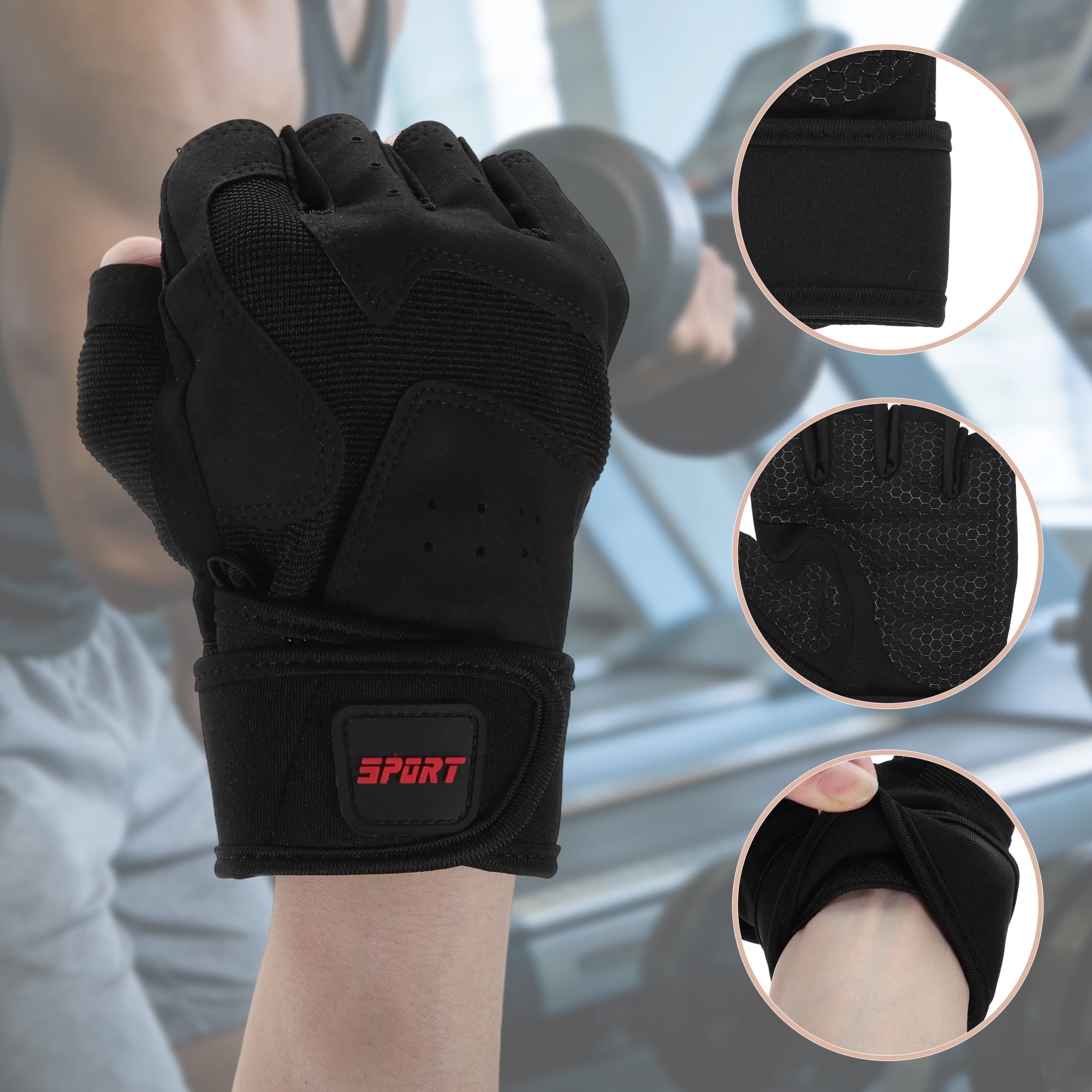 Unique Bargains Extended Wristband Half-finger Strength Training Sport Gloves Large Black
