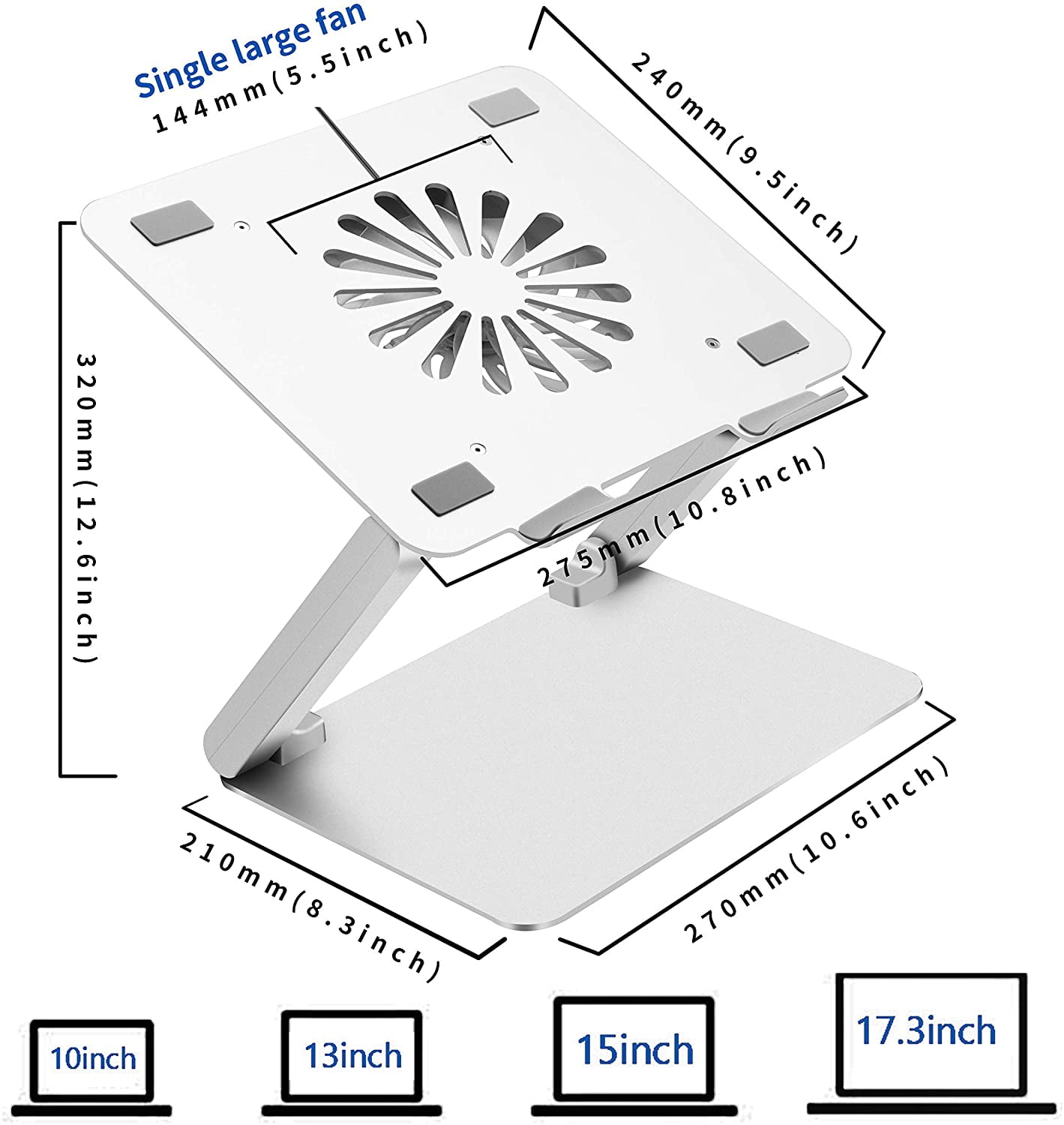 Laptop Cooling Pad with Low-Noise Fan and 3.0 USB Hubs, Ventilated Cooler Prevent Overheating, Ergonomic Stand Support Up to 17” Gaming Notebook Computer, Aluminum