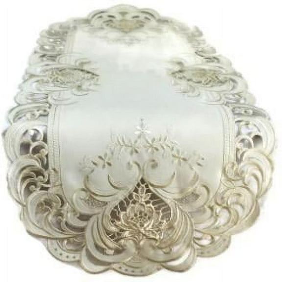 Doily Boutique Table Runner with Ivory Lace Insets on Ivory Fabric, Size 54 x 15 inches