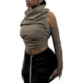 thumbnail image 2 of HLSOHJP Women's One Shoulder Cropped Hoodies Sleeveless Cut Out Turtleneck High Neck See Through Tank Top Tshirt, 2 of 6