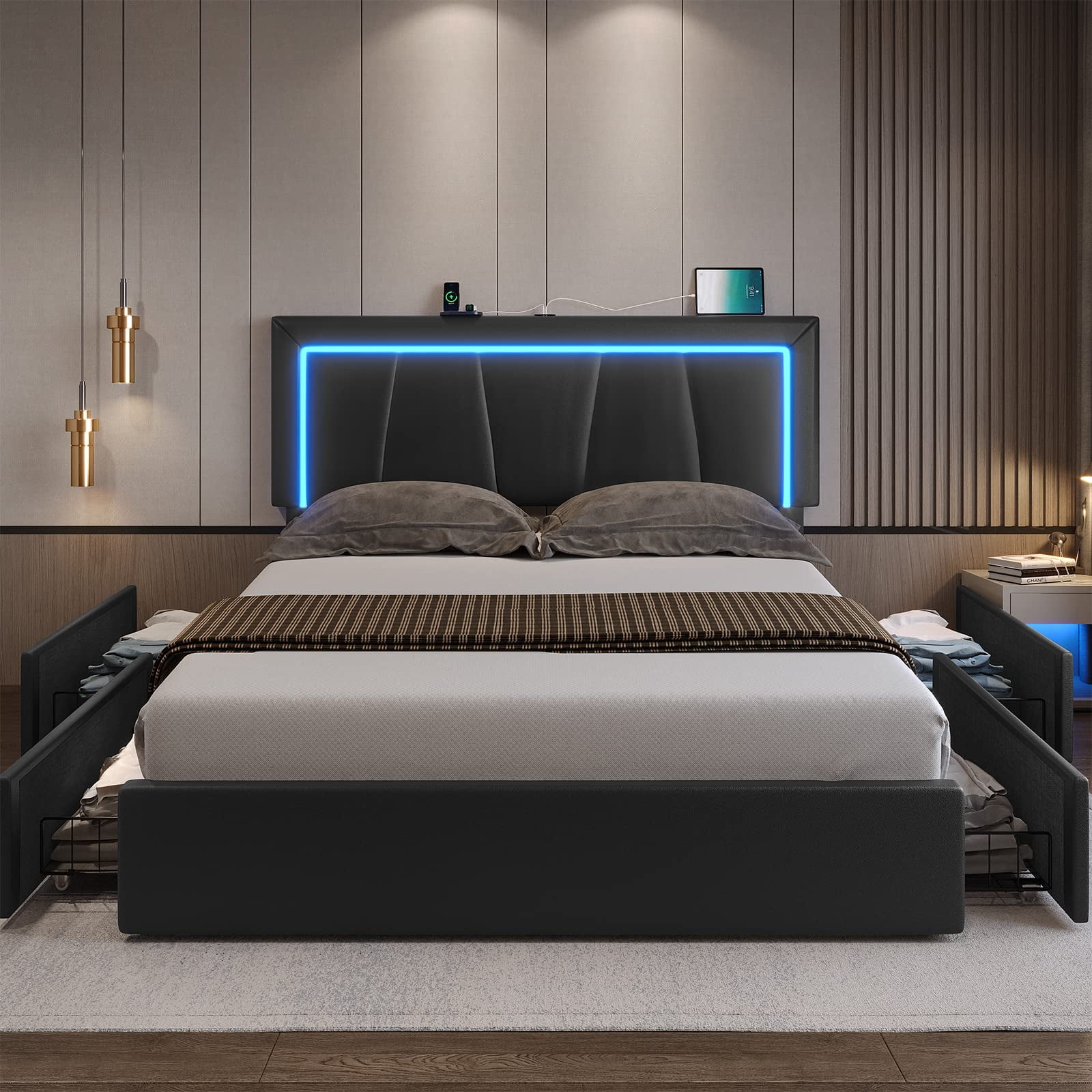 Queen LED Bed Frame with 4 Storage Drawers and USB Ports and LED Headboard, Faux Leather Upholstered Platform Bed Frame with 3 Side Light Strip, Black