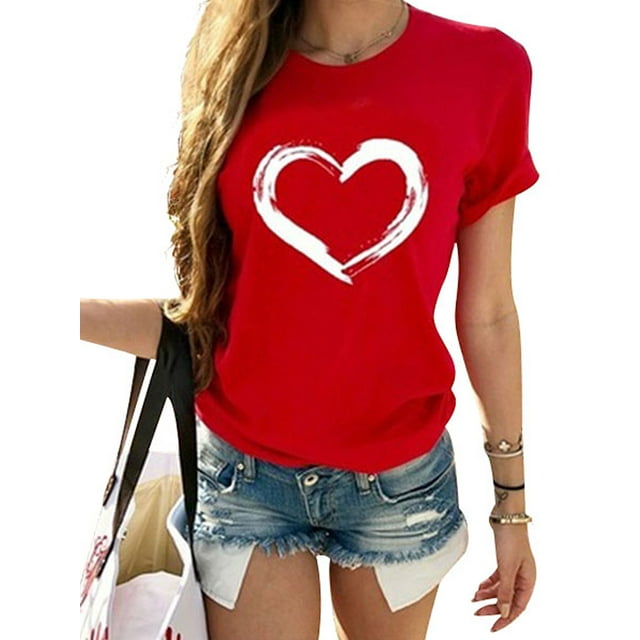 Innerwin T-shirt à Col Rond pour Femme T-shirt Tenue Quotidienne T-shirt Mode à Imprimé Cœur Rouge 3TG