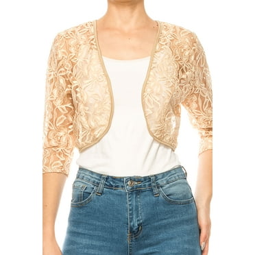 Moa Collection Women's Lace Crochet Bolero Open Cardigan with Sheer 3/4 Sleeves