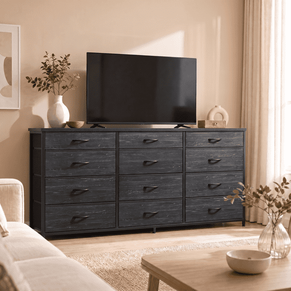 melmine Wide Dresser TV Stand with 12 Fabric Drawers for Bedroom Entertainment Center for 60 inch TV, Black