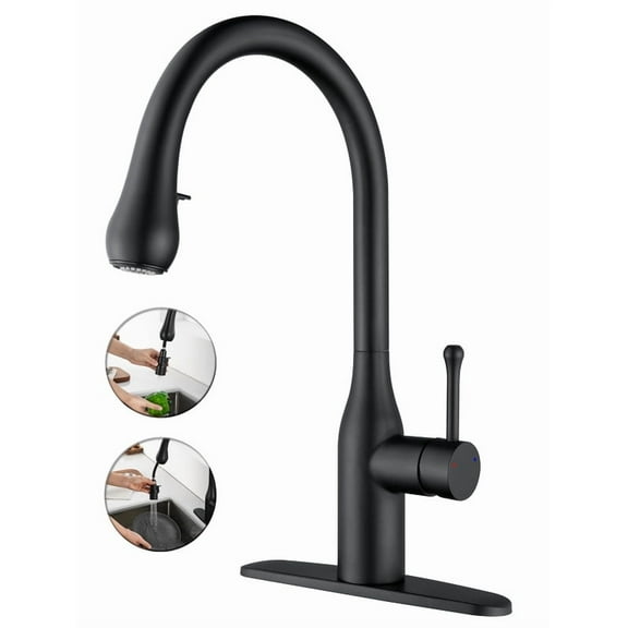 AUKTOPT Modern Hidden Pull-Out Kitchen Faucet with 2 Water Modes, Swivel High Arc Kitchen Sink Faucet with Deck Plate Suit to 1 or 3 Holes , Solid Brass Construction, Matte Black