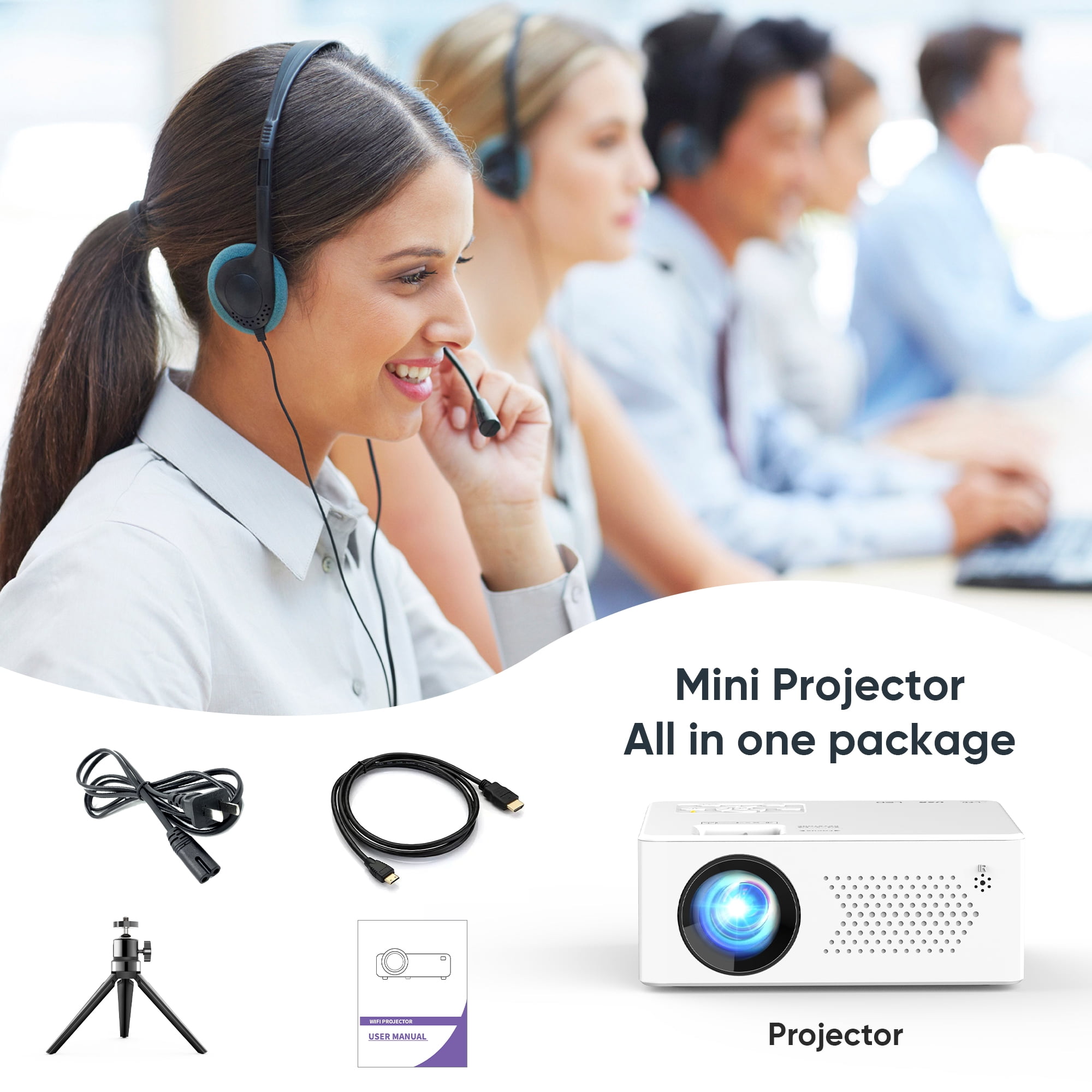 Faltopu Mini Bluetooth Projector with Tripod, 9500LM Full HD 1080P Portable Home Theater Projector ,Support 250"Display