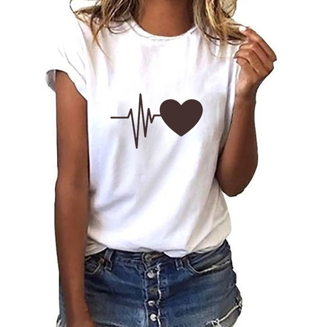 T-Shirt à Manches Courtes Ample pour Femmes Imprimé Cœur Décontracté Chic Col Rond Quotidien T-Shirts de la Saint-Valentin Mode T-Shirt Ample à Manches Courtes Imprimé Cœur Décontracté Col Rond A L