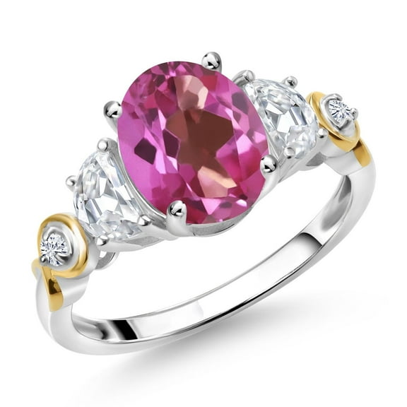 Gem Stone King 925 Silver and 10K Yellow Gold 3-Stone Ring Oval Pink Mystic Topaz and Moissanite (2.70 Cttw, Size 5)