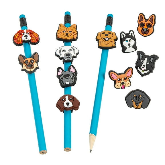 Fun Express 3/4" Dog Faces Themed Rubber Pencil Charms Assortment - 24 Pieces