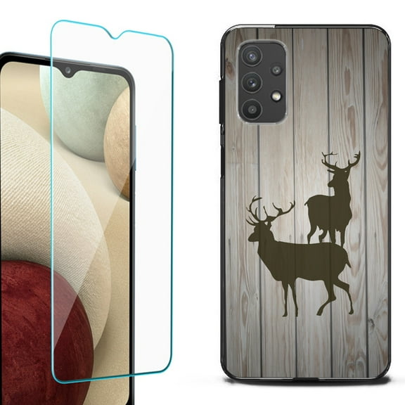 Slim-Fit Flexible TPU Gel Phone Case (black) for Samsung Galaxy A32 5G, with Tempered Glass Screen Protector, by OneToughShield ® - Wood/Deer