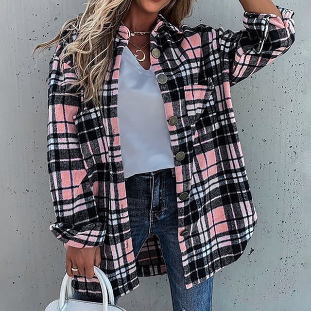 IROINID Veste Courte Décontractée pour Femmes, Col Rabattu, à Carreaux, Manches Longues, Pink