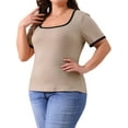 thumbnail image 4 of Plus Size Top for Women Square Neck Short Sleeve t Shirt Ribbed Color Block Slim Fit Knit Basic Tee Tops 3X Light Camel, 4 of 6