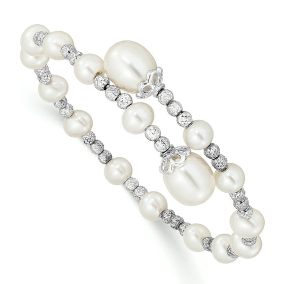 Sterling Silver 5-6mm and 8mm White Freshwater Cultured Pearl Coil Bangle Bracelet