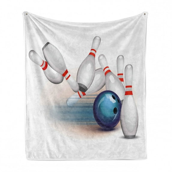 Bowling Party Soft Flannel Fleece Throw Blanket, Thrown Ball and Scattered Pins Speed Hit the Target Shot Score, Cozy Plush for Indoor and Outdoor Use, 50" x 70", White Pale Blue Red, by Ambesonne