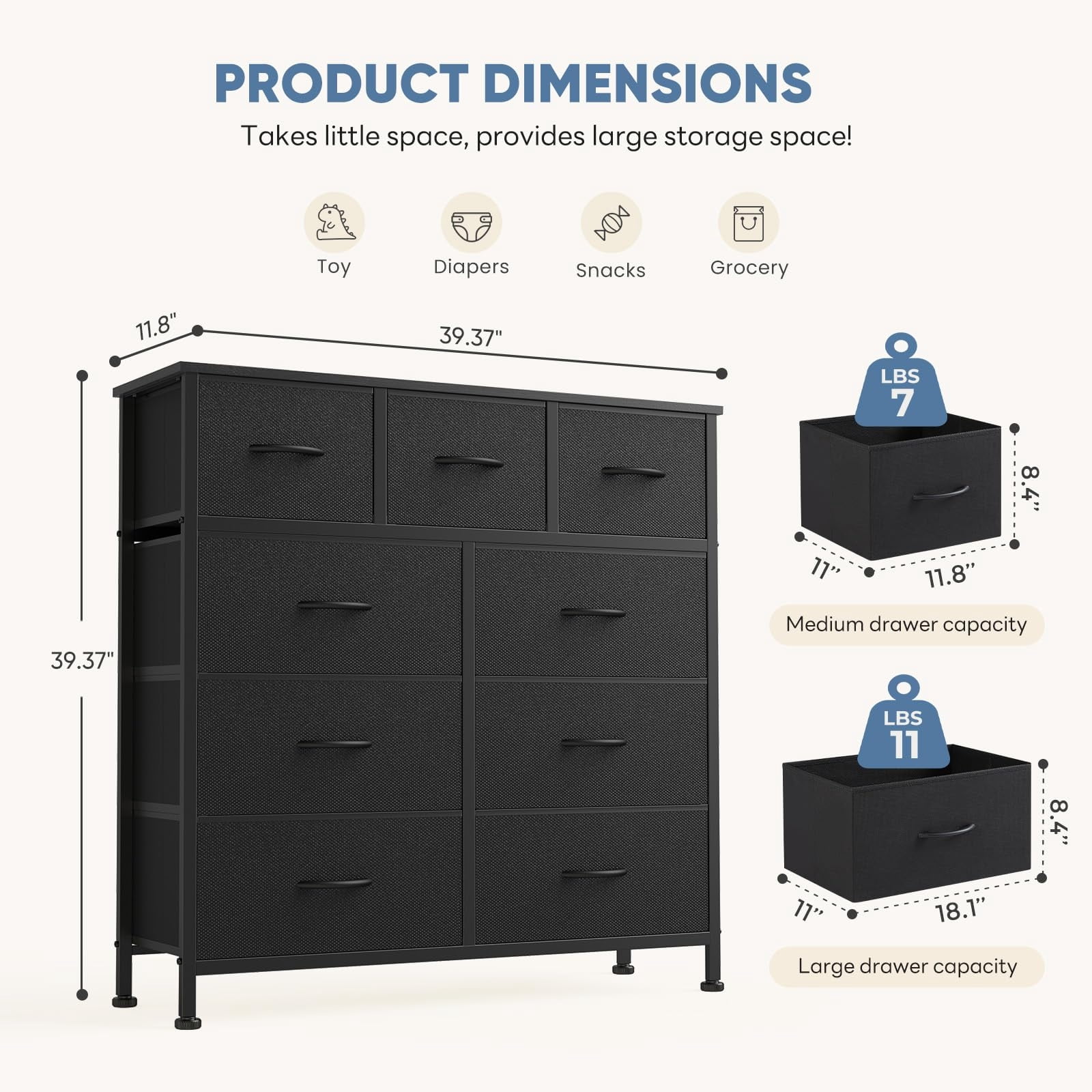 Telyra 9-Drawer Fabric Dresser Tall Storage Tower with Wood Top and Steel Frame Bedroom Closet Organizer, Black