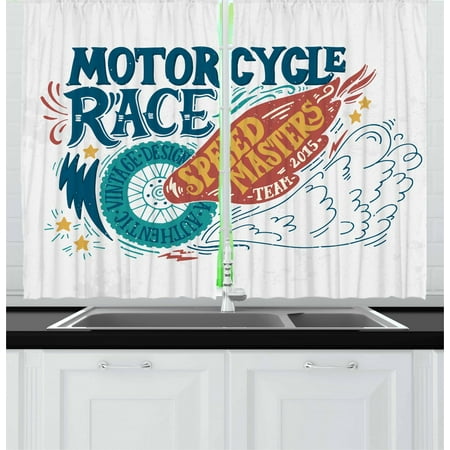 Motorcycle Curtains 2 Panels Set, Colorful Composition with a Bike Tire Speed Masters Quote with Grunge Effect, Window Drapes for Living Room Bedroom, 55W X 39L Inches, Multicolor, by