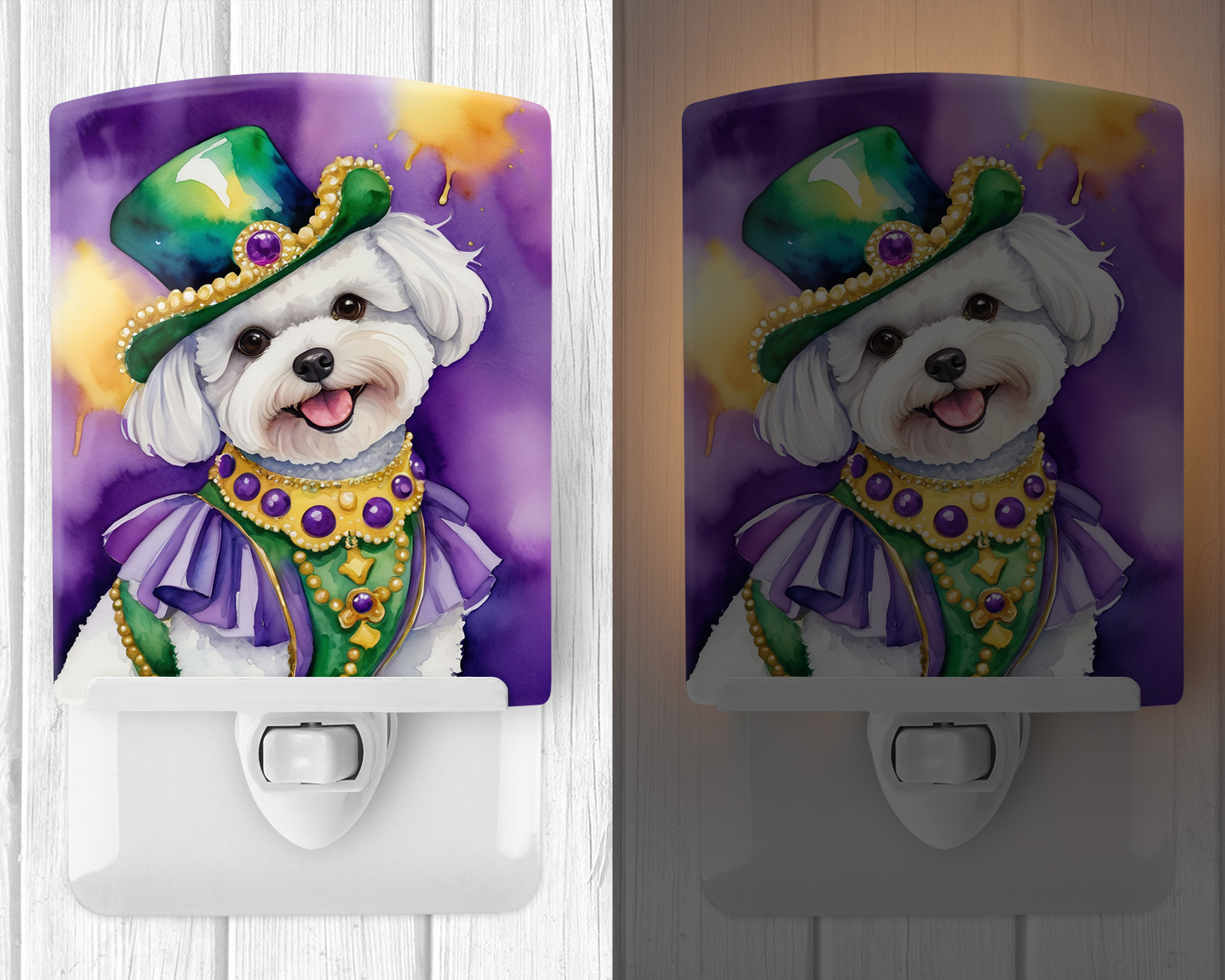 Bichon Frise King of Mardi Gras Ceramic Night Light 4 in x 6 in