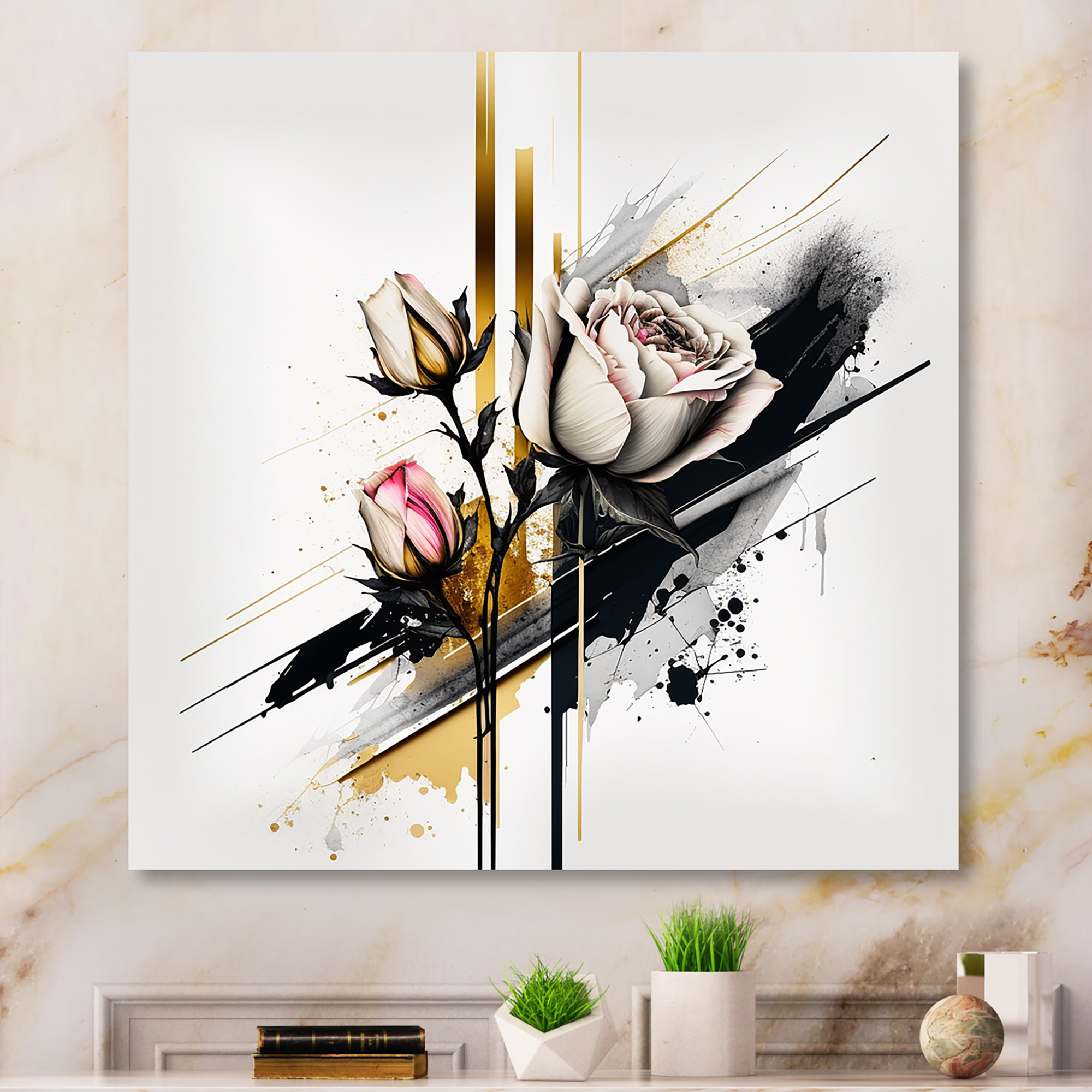 Designart Roses Flow Flower On Abstract Fusion II Canvas Wall Art
