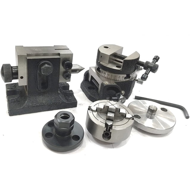 Assorts Table Rotative Inclinable 3 Pouces Pouces/80 mm avec Étui Rond, Adaptateur de Collet Er16, Queue et Mandrin avec Plaque Arrière + Boulons de Fixation en T - Outils d'Indexage de Fraisage (avec Mandrin Indépendant de 70 mm 4 Mâchoires)