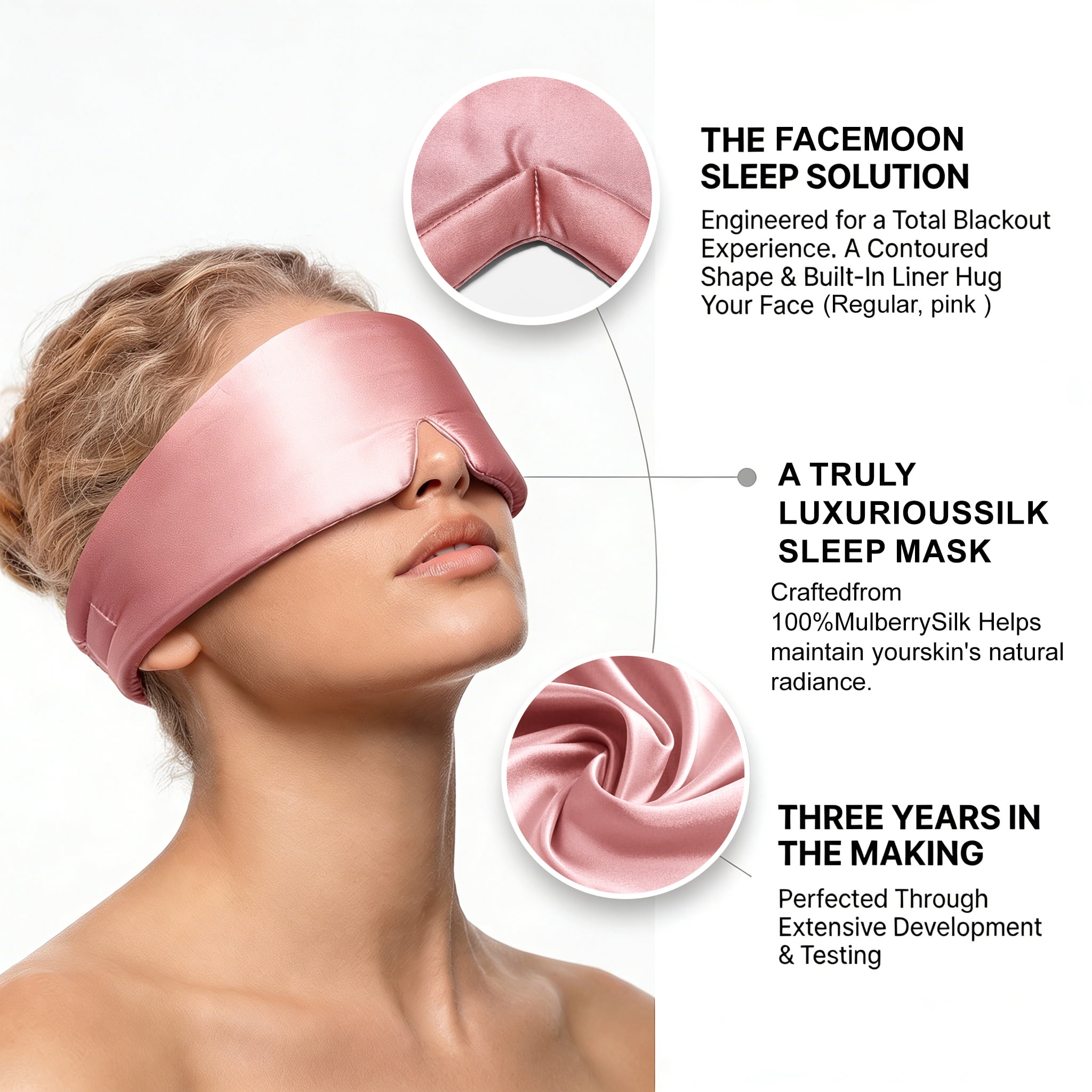 FACEMOON 100% Mulberry Silk Eye Mask, Adjustable, Side Sleeper Blackout for Travel