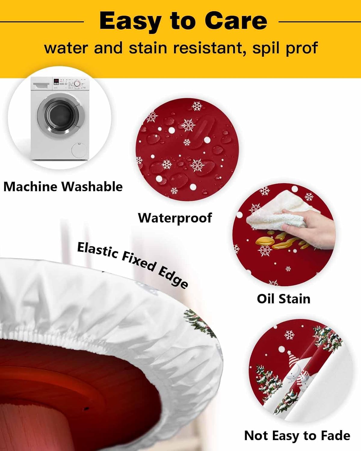 Christmas Round Tablecloth Fitted Table Cover, Elastic Tablecloths Waterproof Outdoor Indoor Stretch Cloth Tablecover for Dinner, Party, Shower, Winter Snowflake Red Snowman 36-44IN