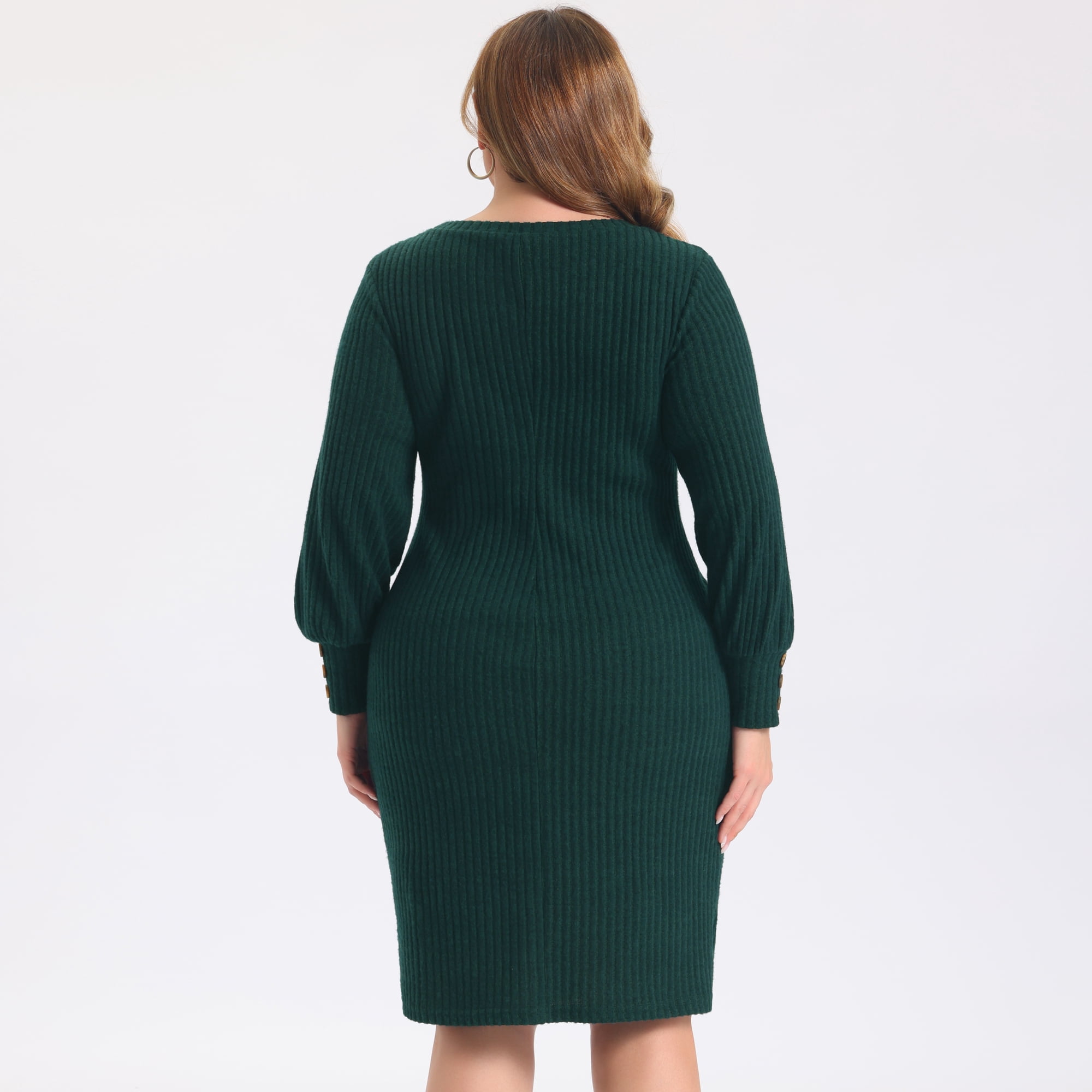 DARING DIVA Women's Plus Sweater Ribbed Knit Lantern Sleeve Dress 3X Dark Green
