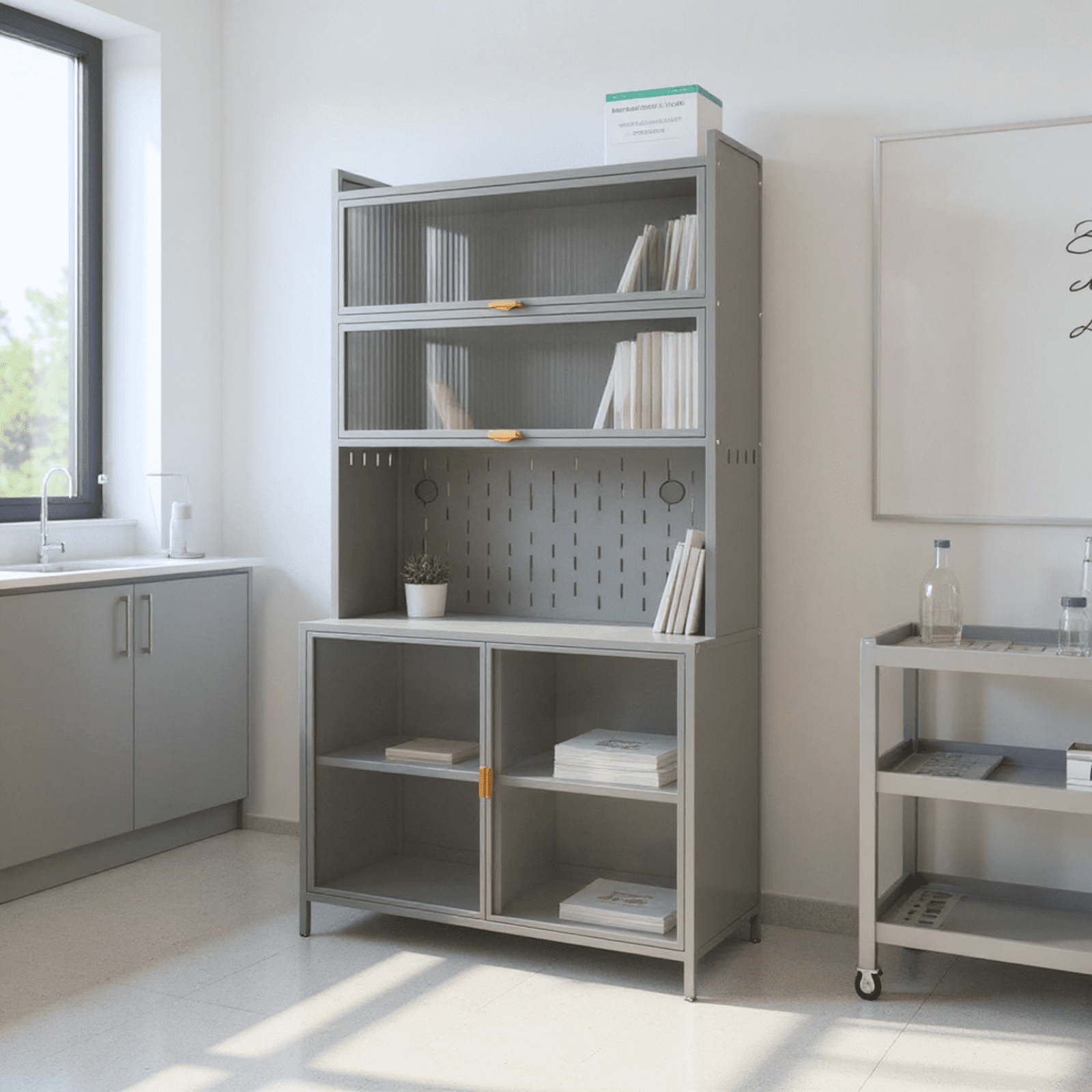 Homy Casa 73" File Cabinet with Glass Doors, for Office Storage and Study Room Organization, Grey