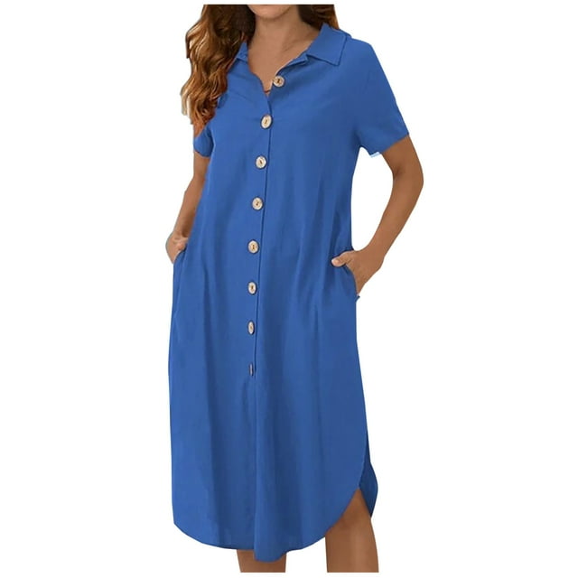 Robes Décontractées pour Femmes, Couleur Unie, Boutonnée, Col en V, Col à Revers, Robe Midi, Manches Longues/courtes, Robe Chemise avec Poches