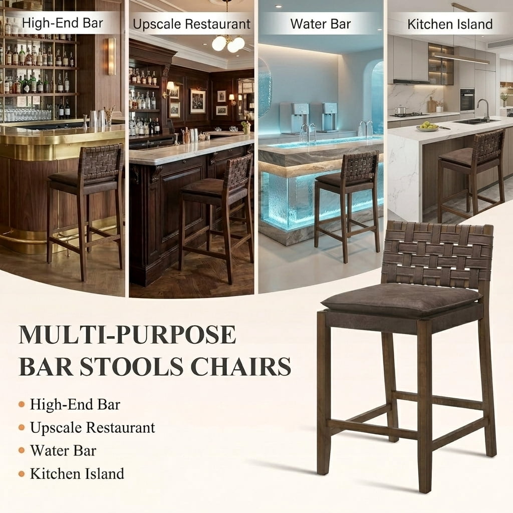 Guyou 26" Rattan Bar Stools Set of 4, Farmhouse Woven Wooden Counter Height Stools with Footrest, Leather Upholstered Bar Chairs for Kitchen Island, Pub & Bar, Brown