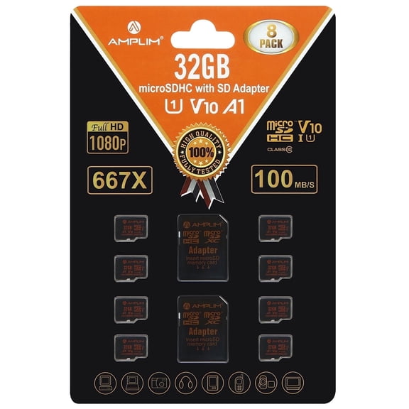 Amplim 32GB Micro SD Card, 8 Pack MicroSD Memory Plus Adapter, Extreme High Speed MicroSDHC Class 10 UHS-I U1 V10 TF, GoPro Hero, Raspberry Pi, Phone Galaxy, Camera Cam, Tablet, PC