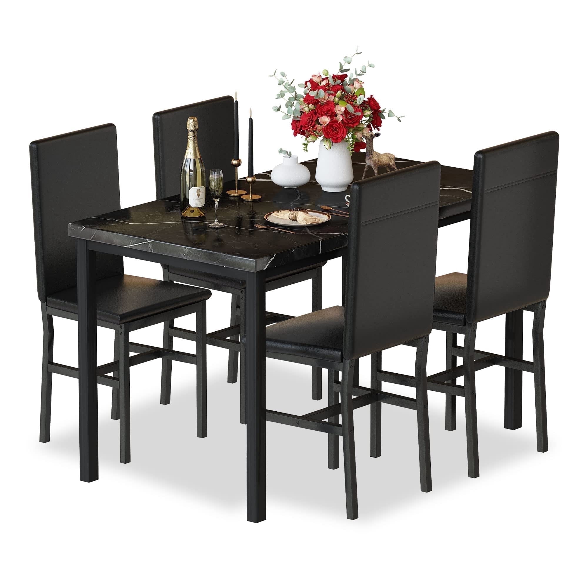 4-person dining table set, modern artificial marble dining table set, kitchen table and chair set of 4 pieces, with 4 PU leather chairs, suitable for small spaces, apartments, restaurants, black