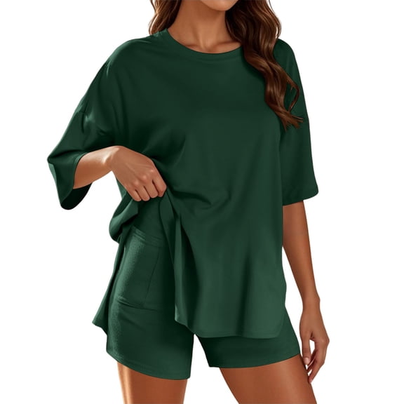 WAYUTE Womens Sets 2 Piece Outfits Trendy Shorts Suit for Everyday Wear and Vacations Stylish Round Neck Solid Color Summer Outfit