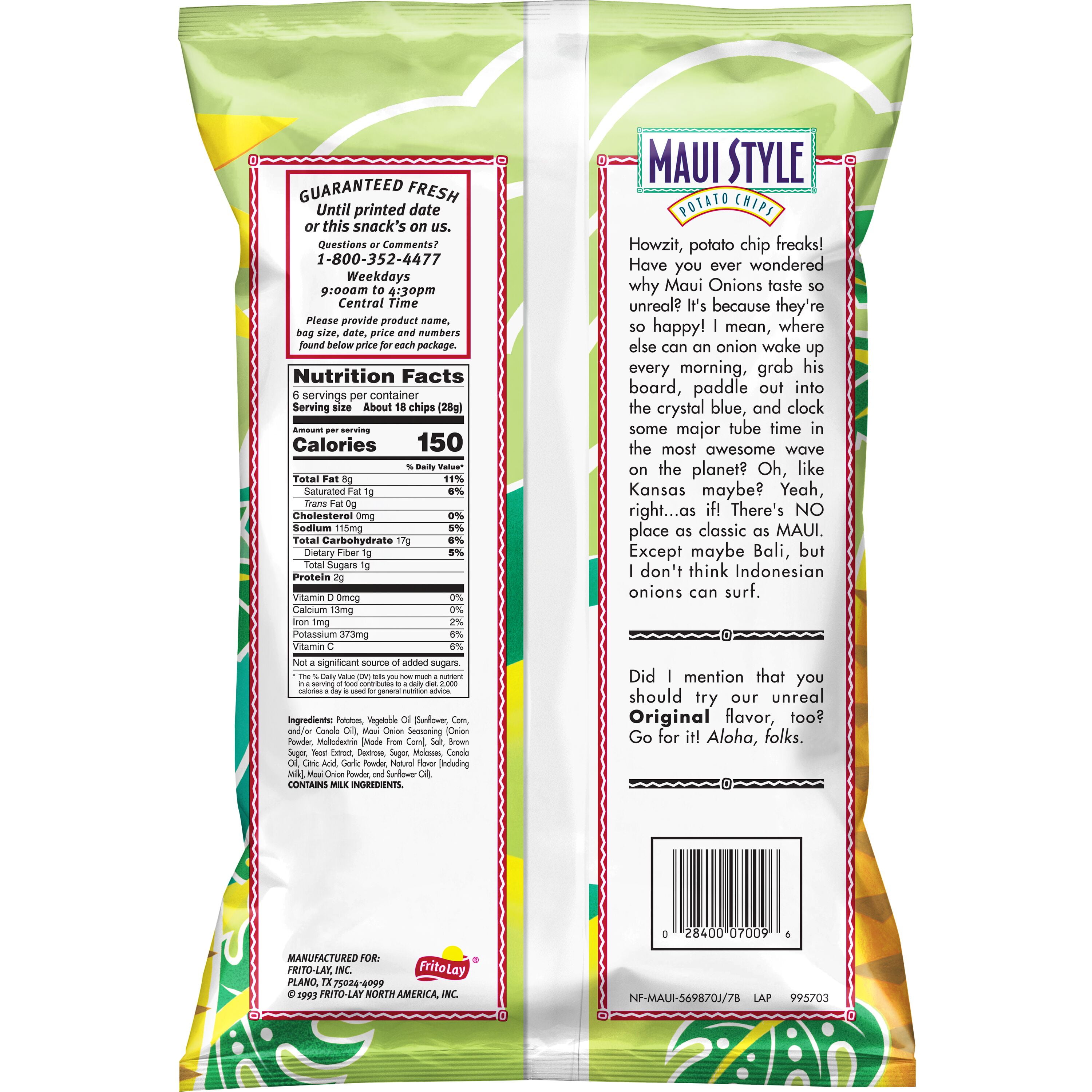 Maui Style Onion Potato Chips, 6 Ounce Bag.