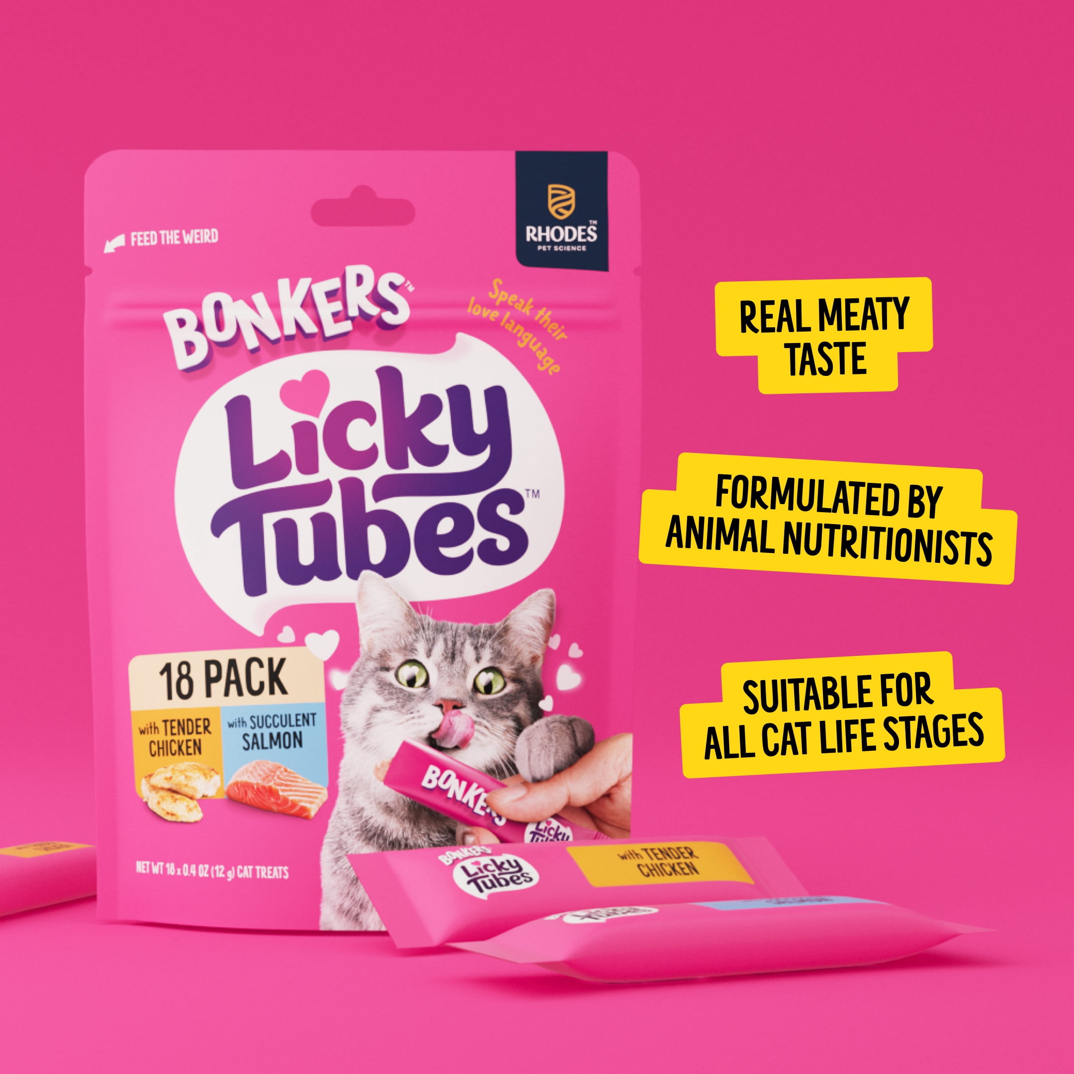 (12 pack) BONKERS Licky Tubes Chicken & Salmon Flavoured Wet Lickable Treats Treats for Cats, 18 Pack