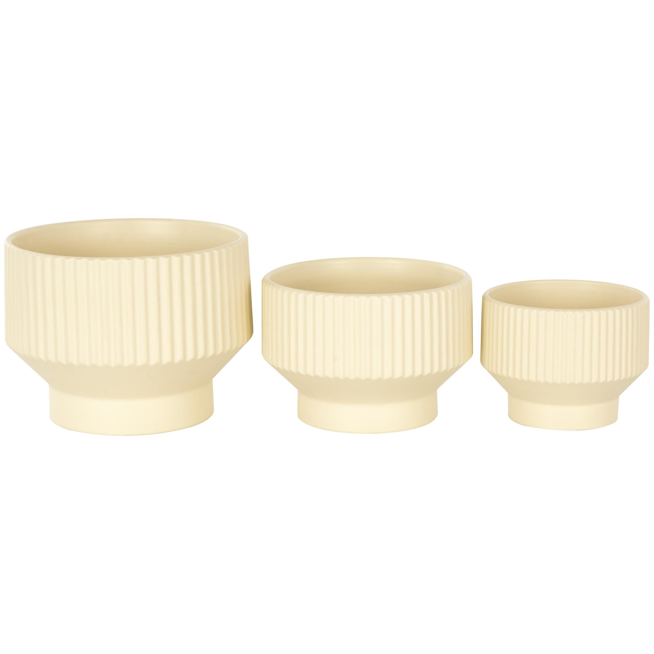 DecMode 10", 8", 7"W Wide Cream Ceramic Planter with Linear Grooves and Tapered Bases (3 Count)