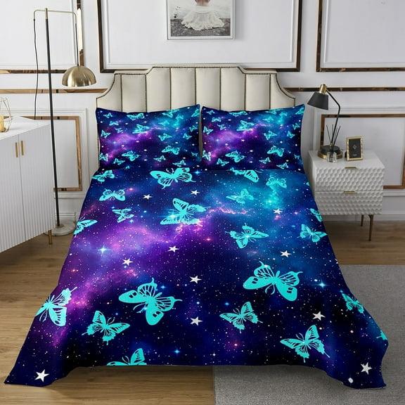 Erosebridal Neon Butterfly Bedspread Sets Twin Size, Purple Galaxy Stars Bed Quilt, Breathable 2-Piece